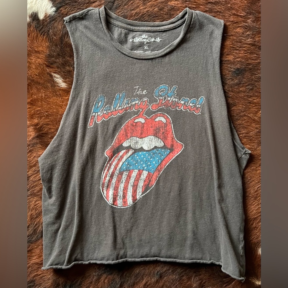 Rolling Stones Tongue and Lips Logo Muscle Tee Red White and Blue XL